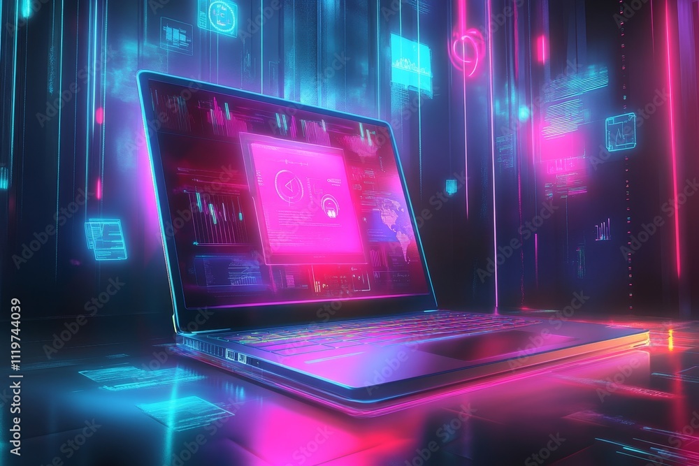 Poster futuristic laptop with neon display surrounded by data streams and digital elements in a vibrant cyb
