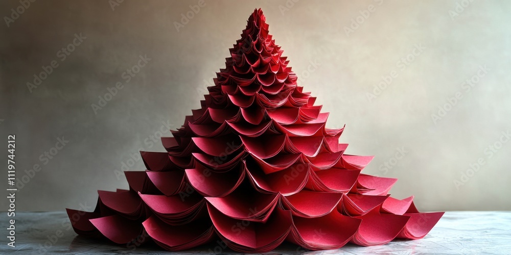 Poster creating a stunning red paper sculpture shaped like a christmas tree with intricate layers and folds