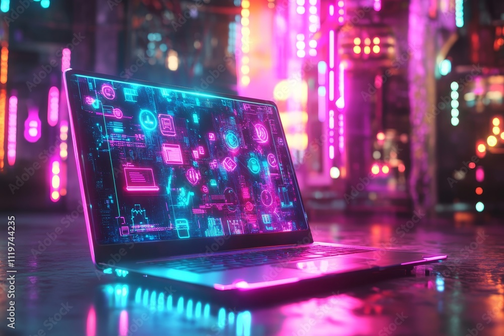 Poster futuristic laptop display with digital icons and neon lights in a tech-inspired setting