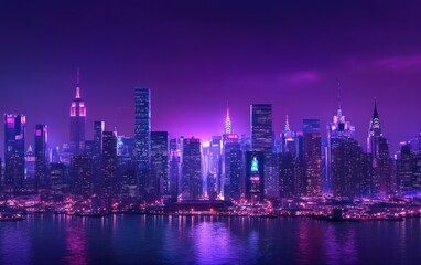Fototapeta premium A city skyline at night, illuminated by vibrant purple lights on the buildings