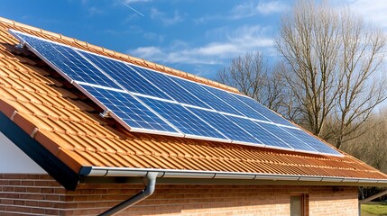 The solar panels on the roof of the house glistened under the clear blue sky, harnessing the sun's energy to power the home in an eco friendly and sustainable way.