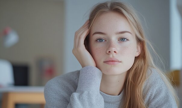 Pensive young woman with freckles, hand on face, looking at camera.