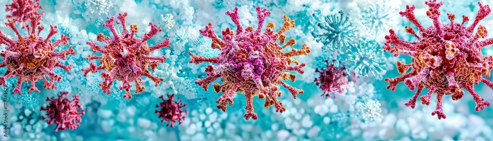 Poster colorful and intricate visualization of viruses floating through a fluid environment with cyan and w