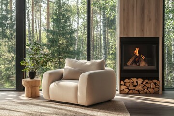 Fototapeta premium cozy interior modern living room large windows natural light