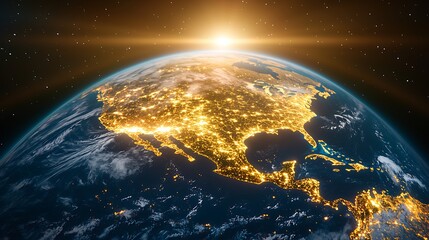 Obraz premium A stunning image of Planet Earth taken from space at night, showcasing the illuminated lights of cities and towns around the globe, with North America seamlessly connected to the rest of the world