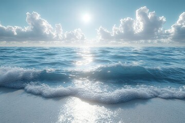 Obraz premium A serene ocean view with gentle waves and a bright sun illuminating the sky.