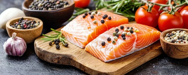 Fresh Salmon Fillets with Spices and Vegetables on a Wooden Board in a Rustic Kitchen Setting