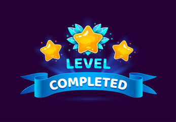 Level complete game asset icon, level up badge. Vector ui or gui interface element, reward popup stars with icy leaves and blue banner. Award bonus for mobile app, video or online game competition © Vector Tradition