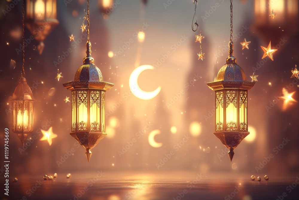 Poster enchanting lanterns and celestial elements illuminating a dreamy landscape at dusk with stars and mo