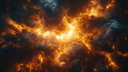 Obraz premium A fiery explosion of light bursts through dark clouds, creating a dramatic and energetic scene.