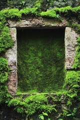 A lush green moss wall with a rough-hewn stone frame, the center is blank