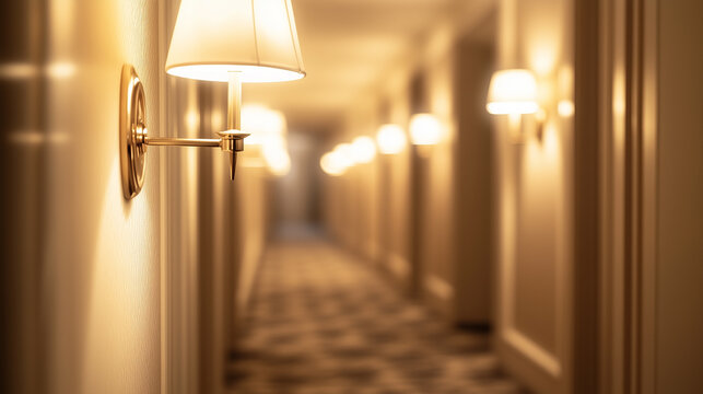 A soft, blurred view of a quiet hotel corrido