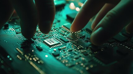 Close-up of hands assembling electronic circuit board