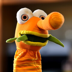 Playful close-up of a vibrant orange sock puppet with googly eyes and a quirky smile, featuring green and yellow accents.
