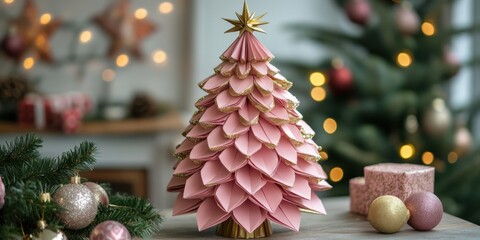 Charming pink paper Christmas tree craft adds festive spirit to cozy holiday decor
