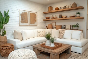 Obraz premium Cozy living room neutral color palette L shaped white sectional sofa