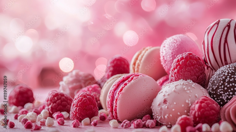 Poster close-up of colorful macarons and raspberries on pink bokeh background