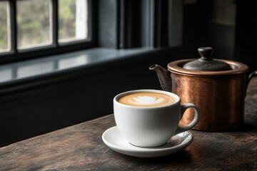 Obraz premium vintage kitchen decor, sipping a vanilla latte in a quaint retro kitchen, amidst copper pots and old coffee grinders, evokes a cozy nostalgia