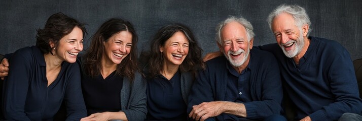 Obraz premium Laughing Family Portrait Five Adults Enjoy a Joyful Moment, Sharing Laughter and Connection.
