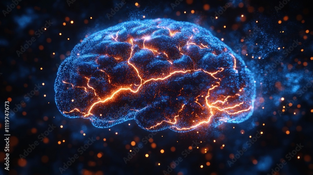 Poster glowing, abstract representation of a brain with electric-like patterns.
