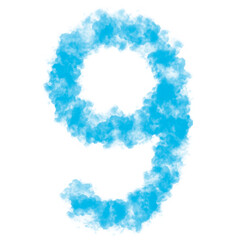 Number Nine (9) made with Sky or Cloud effect, Fog or smoke isolated on white background, Blue color, Mist or smog Special effect, Abstract, Creative, Illustration design