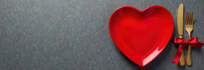 Heart-shaped red plate with gold cutlery tied with red ribbon on a gray background. Flat lay composition with copy space for Valentine's Day dinner and romantic banner design