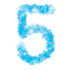 Number Five (5) made with Sky or Cloud effect, Fog or smoke isolated on white background, Blue color, Mist or smog Special effect, Abstract, Creative, Illustration design