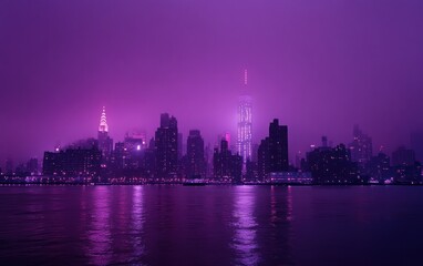 Obraz premium A city skyline at night, illuminated by vibrant purple lights on the buildings