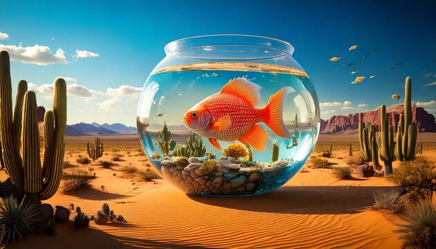 Abstrakte Darstellung eines gro&szlig;en Goldfischglas inmitten einer W&uuml;ste, umgeben von Kakteen. Klimaerw&auml;rmung.