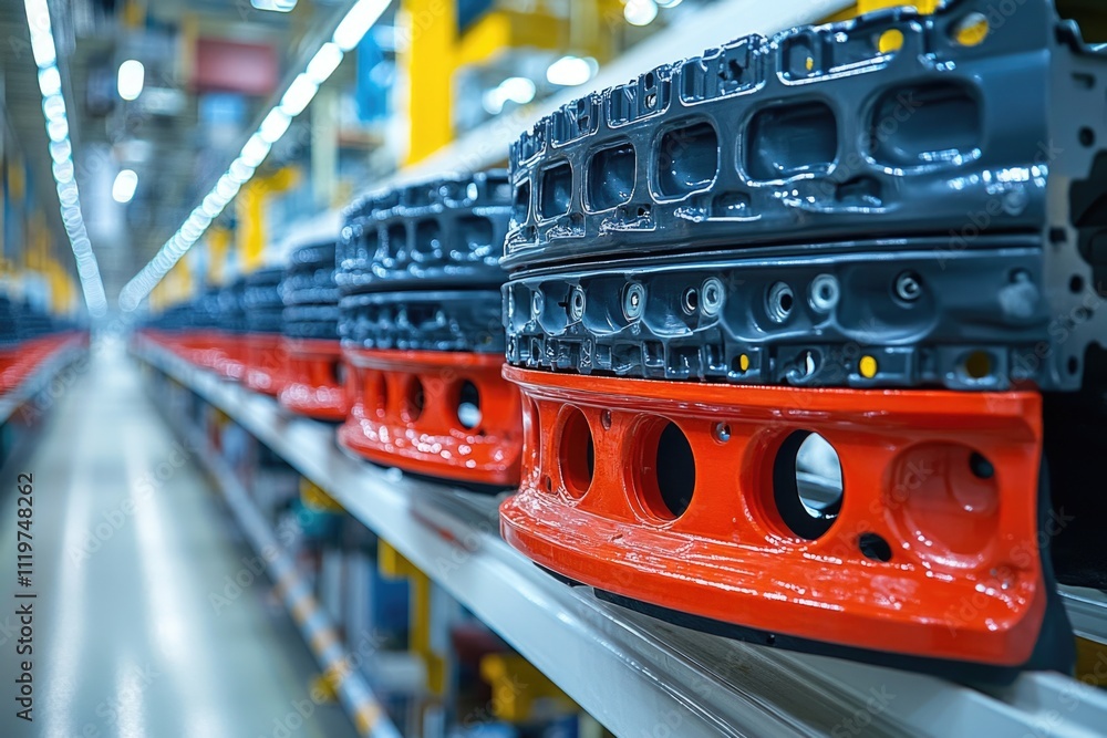 Poster a collection of engine blocks in red and black, stacked on a shelf