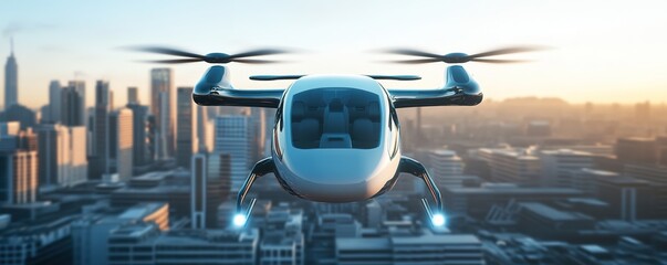 Autonomous drone taxi flies over city skyline during sunset