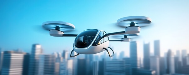 Futuristic flying car above city skyline, blue sky background