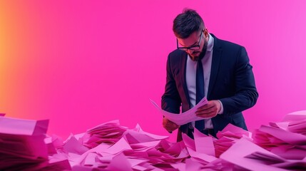 Business professional analyzing documents amidst paper chaos modern office digital photography bright colors close-up productivity concept