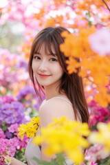 Naklejka premium Young Beautiful Asian Woman Surrounded by Vibrant Spring Flowers