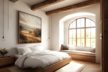 Fototapeta premium Cozy modern bedroom rustic wooden beams minimalist