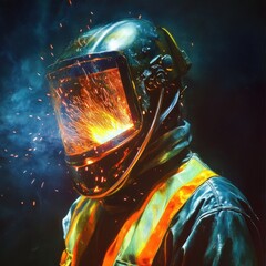 A worker in protective gear, facing intense sparks and fire during industrial operations.