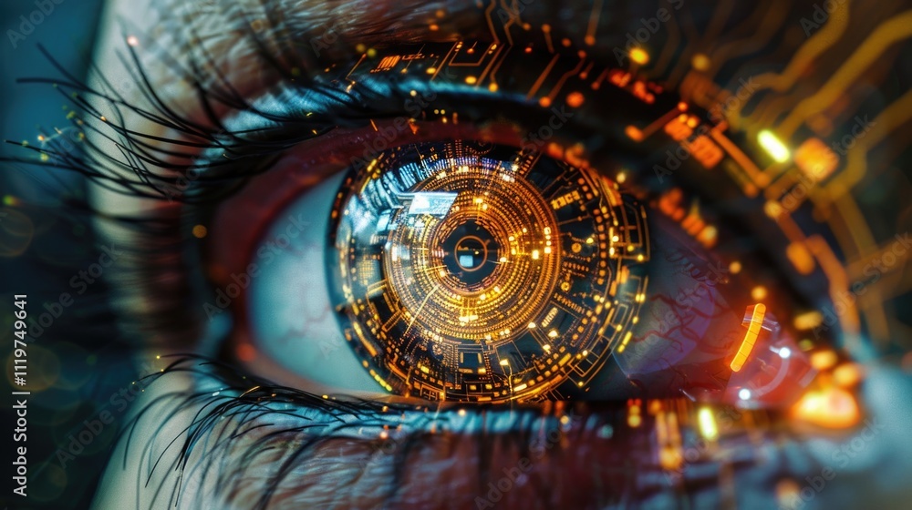 Poster a close-up view of an eye with a circuit integrated into the iris