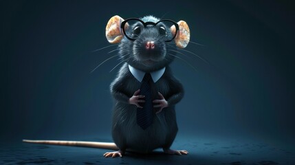 Professional rat wearing glasses and tie standing while bragging, corrupt official concept,