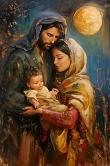 Joseph, Mary and Baby Jesus in the crib, nativity scene in the Bethlehem. Christmas holidays greeting card with Holy family.  © SARATSTOCK