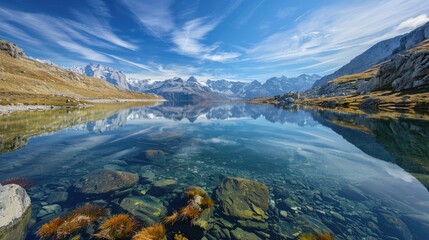 Obraz premium High-end photography of a crystal-clear lake reflecting surrounding mountains and a vibrant blue sky