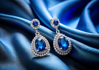 Elegant Pair of Platinum Earrings with Sapphire Stones on Luxurious Blue Satin Background for Jewelry Photography