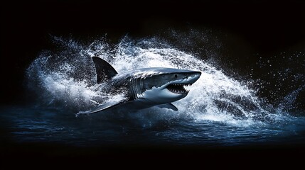 Fototapeta premium A great white shark breaches the water, creating a dramatic splash against a dark background.
