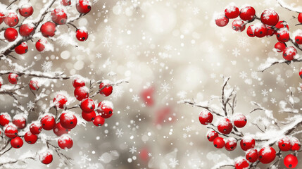 Obraz premium Jaskrawoczerwone jagody na gałęziach pokrytych śniegiem, z rozmytym zimowym tłem i opadającymi płatkami śniegu.