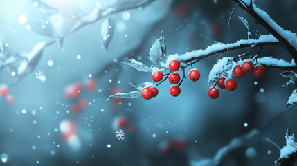 Jaskrawoczerwone jagody na gałęziach pokrytych śniegiem, z rozmytym zimowym tłem i opadającymi płatkami śniegu.