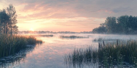 Fototapeta premium Serene Dawn Marshland Misty Lake Sunrise Reflection Reeds