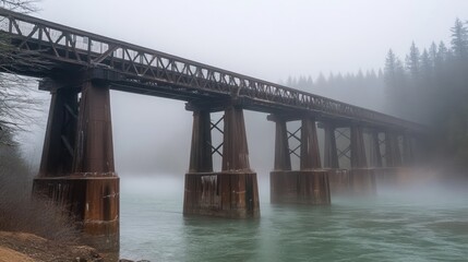 A misty scene featuring a rusty railway bridge over a river, surrounded by trees.