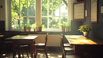 Obraz premium A cozy caf? interior with sunlight, plants, and wooden furniture, inviting relaxation and conversation.