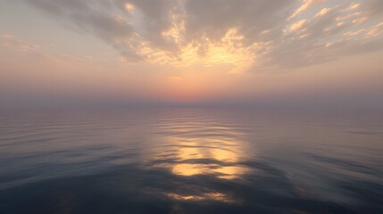 A serene sunset over calm waters, reflecting soft colors and creating a peaceful atmosphere.