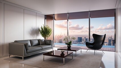 Fototapeta premium Modern interior of apartment, living room with grey sofa, black armchair, coffee tables and plant, panorama 3d rendering