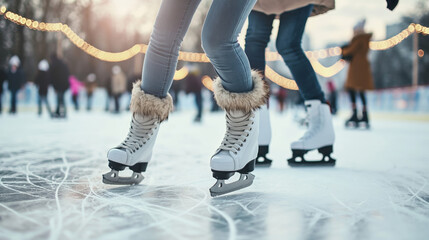 Close up of people ice skating in nice winter landscape. Ice skates, Beautiful winter scenery. Snowy landscape, snowcapped trees. Holiday Poster and greeting card with happy people ice skating on ice.
